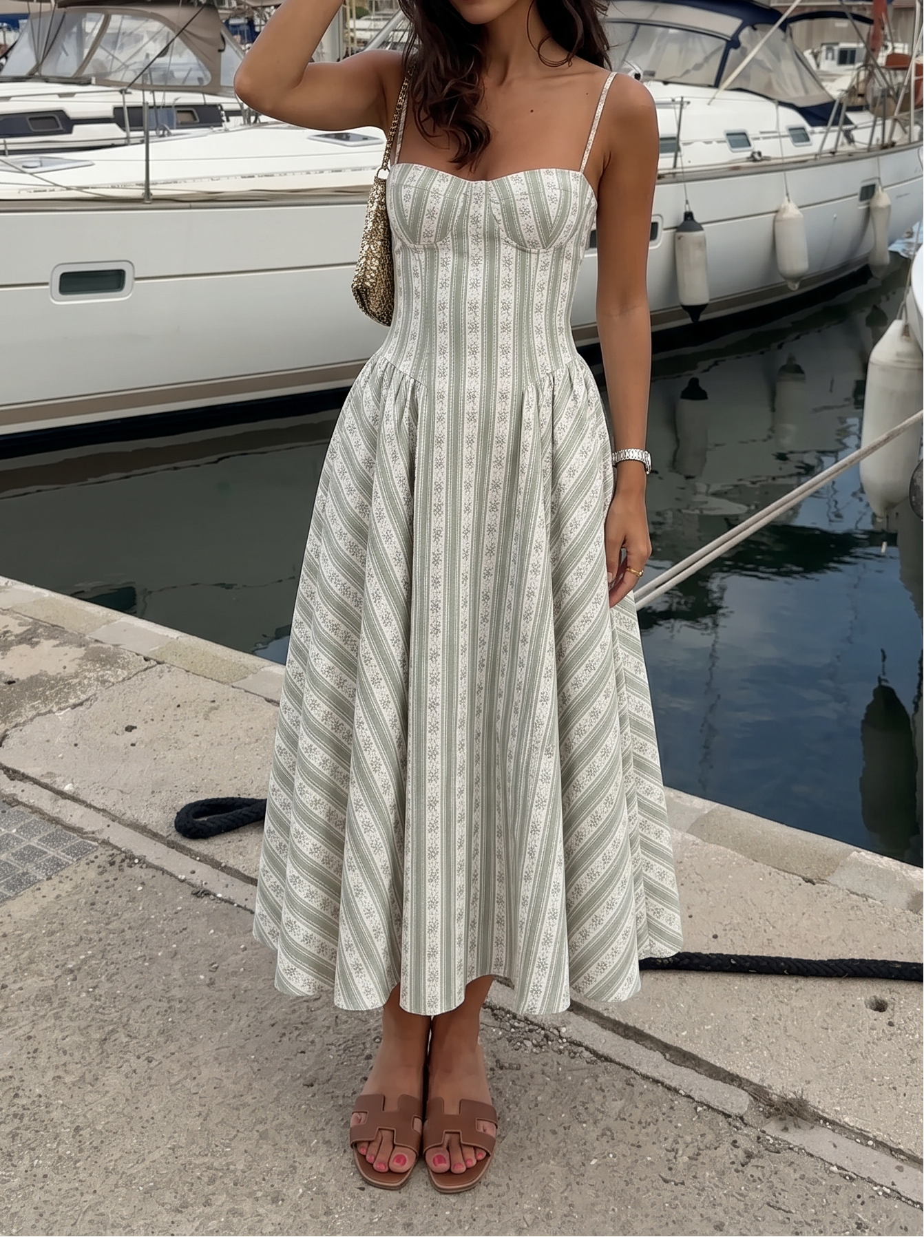 Woman in a striped dress standing by a marina with boats in the background